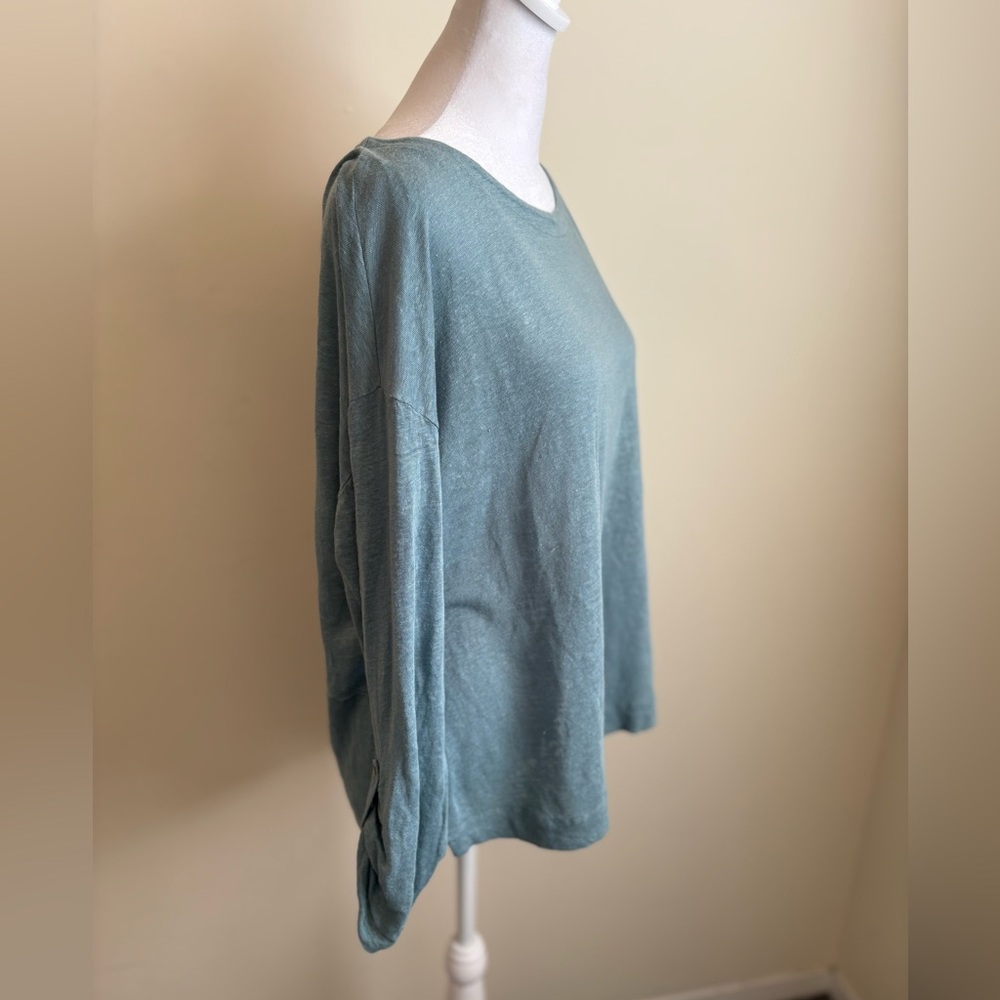 Large Sage Green Adrienne Vittadini Boatneck Linen Roll Tab Sleeve Top - Picture 11 of 11